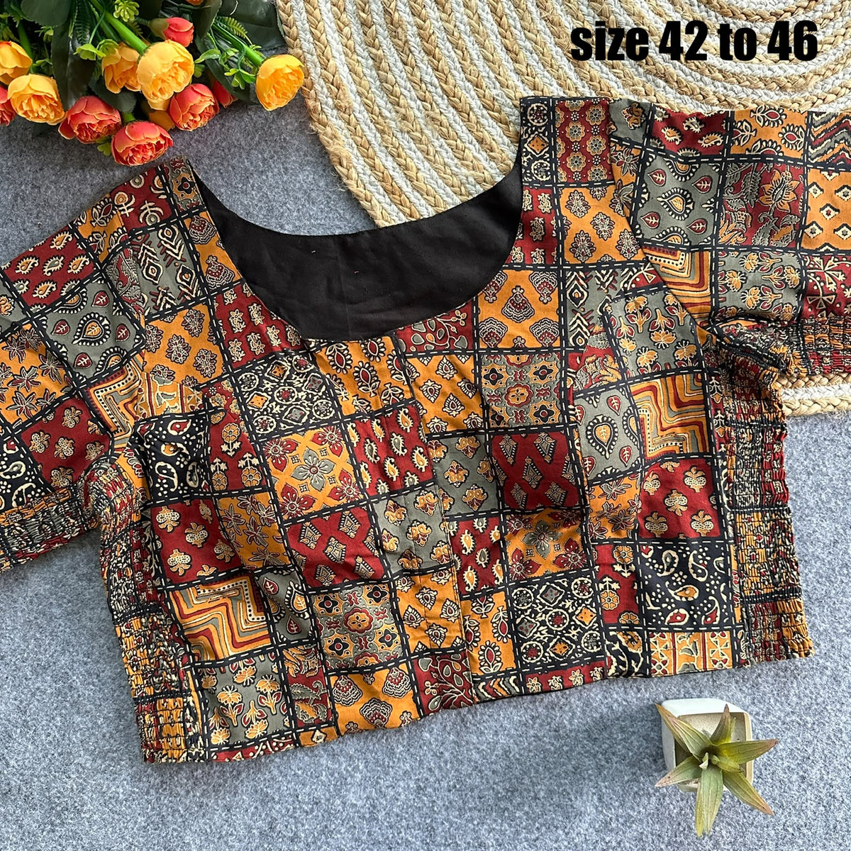 Plus Size Ajrakh Readymade Side Elastic Stretchable Brocade Silk Blouse