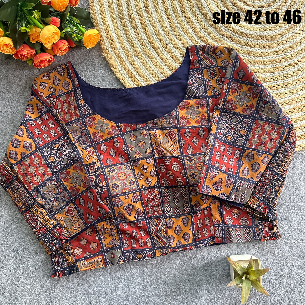 Plus Size Ajrakh Readymade Side Elastic Stretchable Brocade Silk Blouse