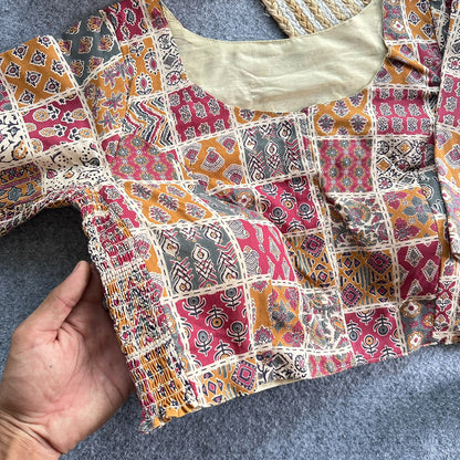 Plus Size Ajrakh Readymade Side Elastic Stretchable Brocade Silk Blouse