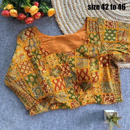 Plus Size Ajrakh Readymade Side Elastic Stretchable Brocade Silk Blouse