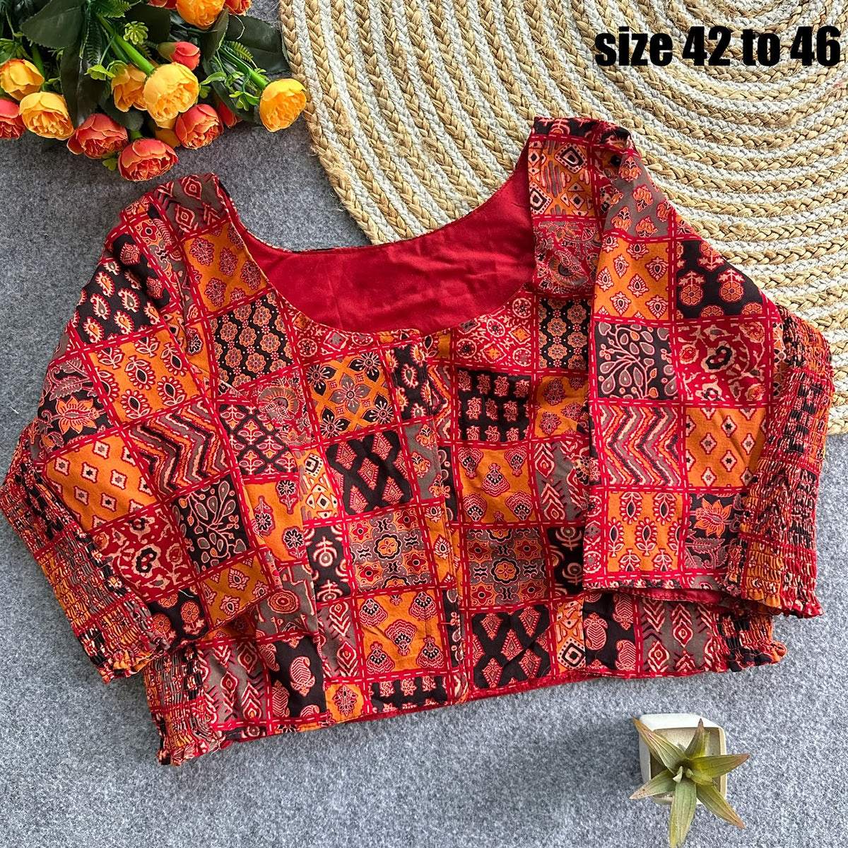 Plus Size Ajrakh Readymade Side Elastic Stretchable Brocade Silk Blouse