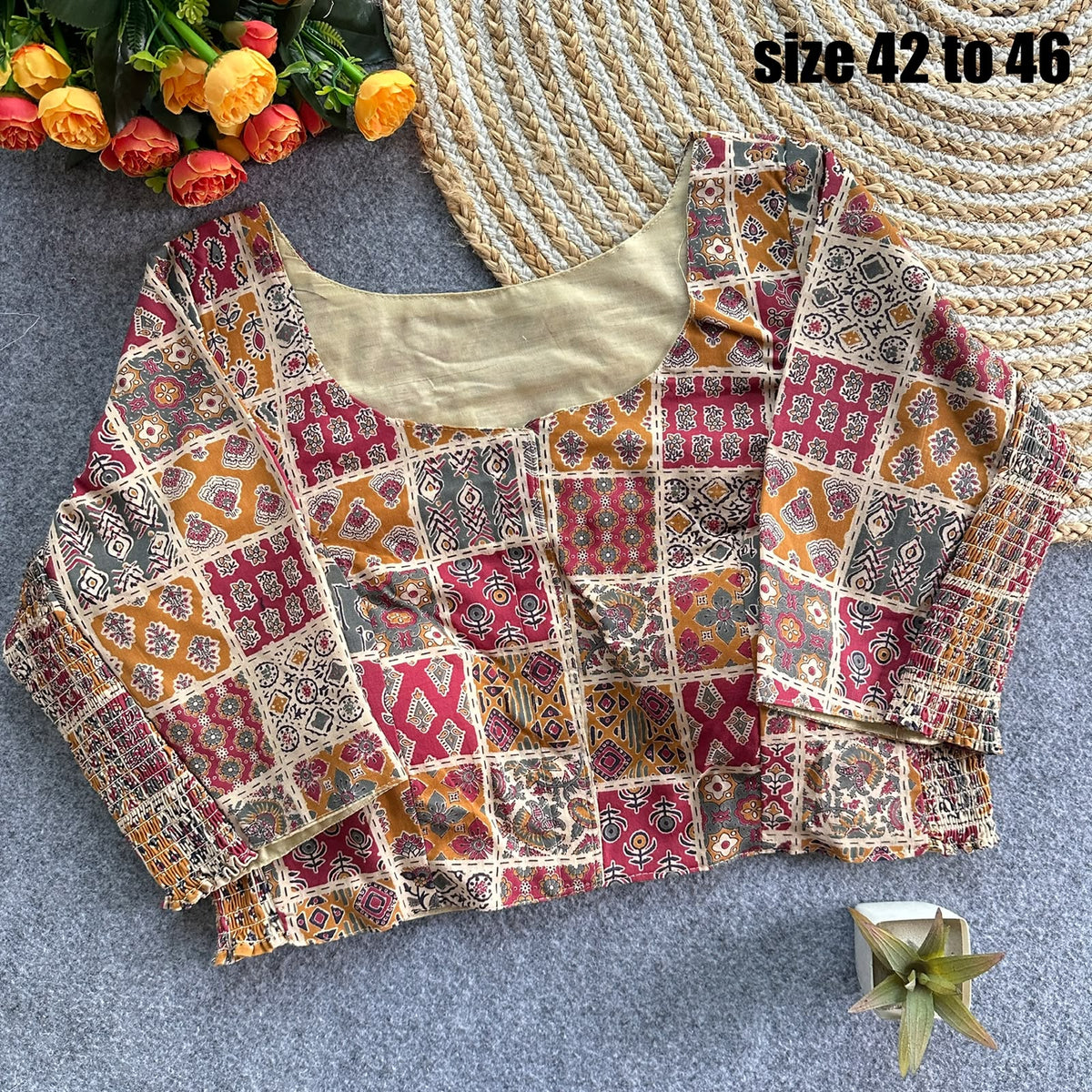 Plus Size Ajrakh Readymade Side Elastic Stretchable Brocade Silk Blouse