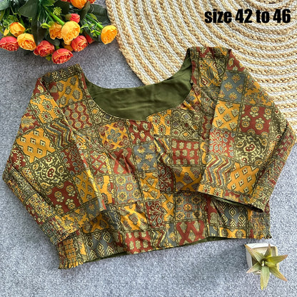 Plus Size Ajrakh Readymade Side Elastic Stretchable Brocade Silk Blouse