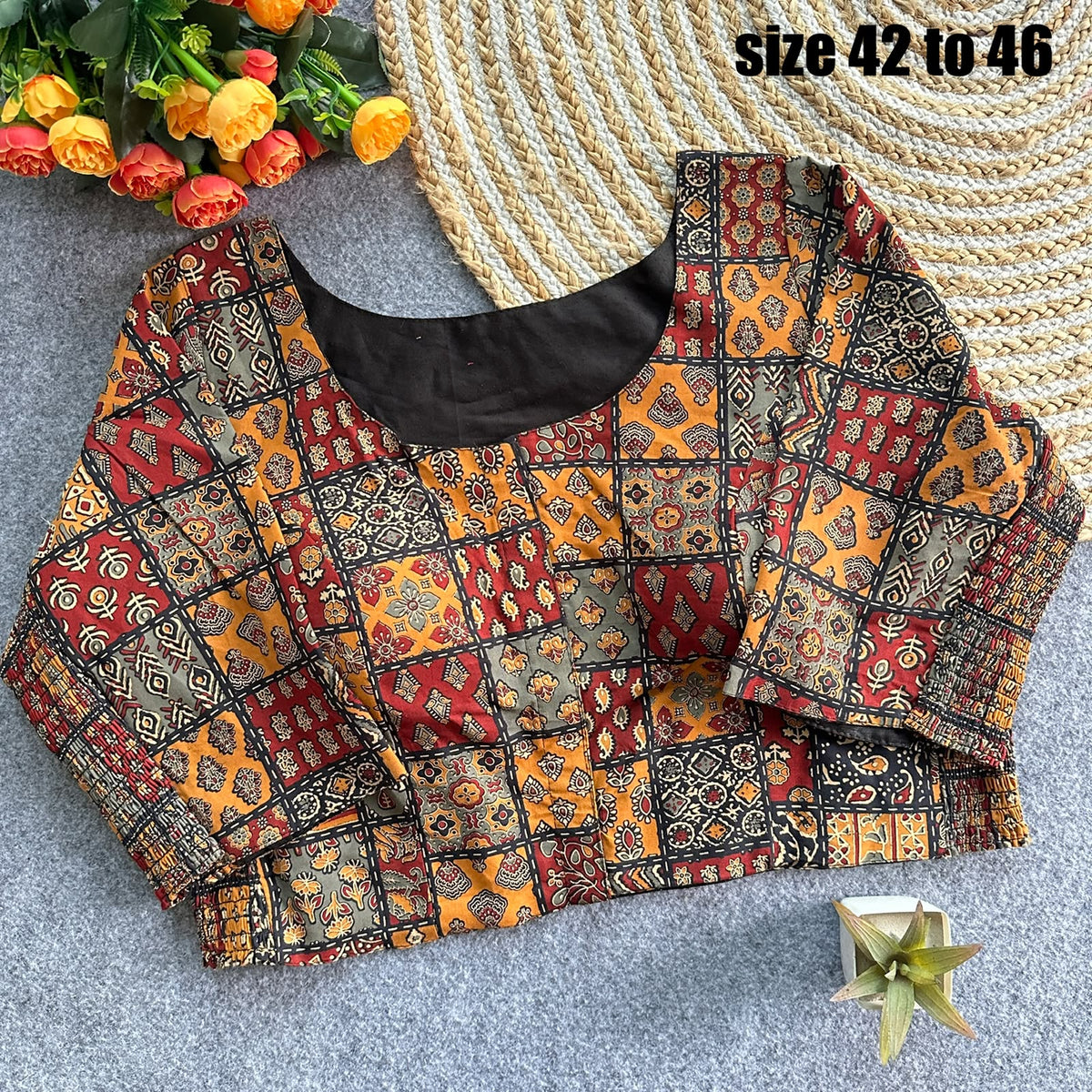 Plus Size Ajrakh Readymade Side Elastic Stretchable Brocade Silk Blouse