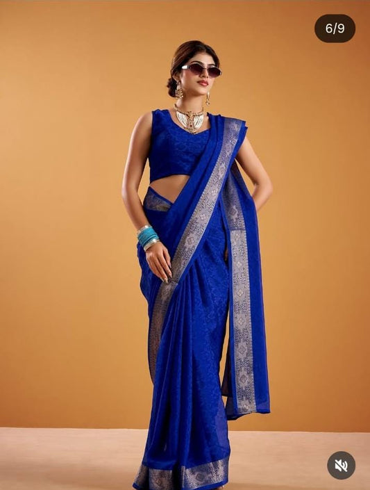 Chinnon Silk Self-Design Saree with Jacquard Zari Weaving Borders
