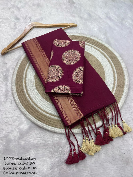 Mul Cotton Saree with Ajrakh Cotton Blouse