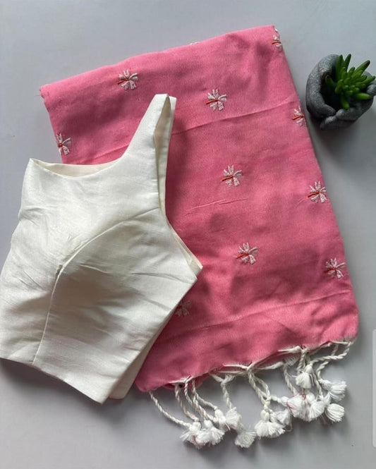 Khadi Cotton Embroidered Saree with Tassels