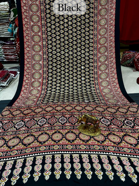 Ajrakh Modal Silk Saree with Real Mirror Work