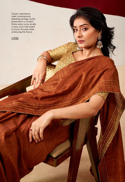 Semi Tussar Silk Saree with Katha Thread Work Borders