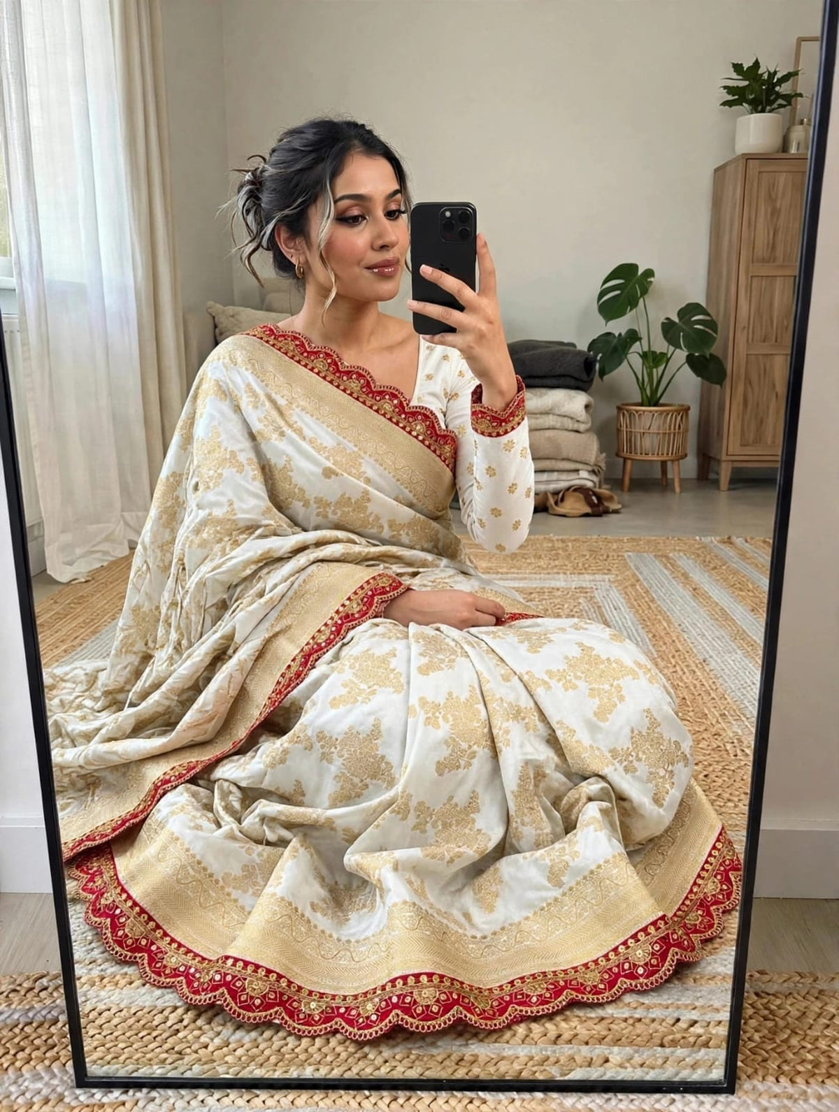 Semi Kanjivaram Jaal Floral Zari Weaving Saree with Scalloped Borders