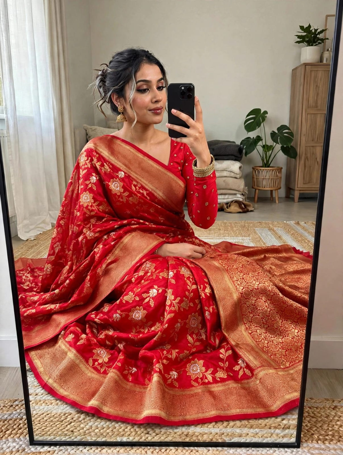 Semi Kanjivaram Jaal Floral Zari Weaving Saree
