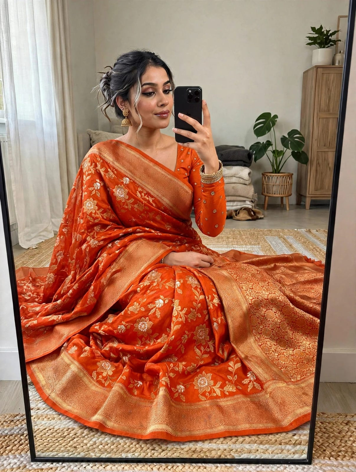 Semi Kanjivaram Jaal Floral Zari Weaving Saree