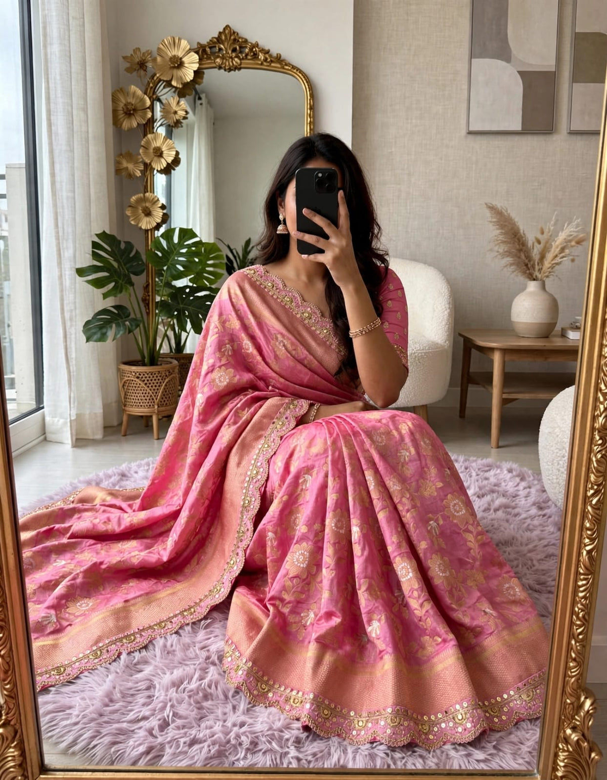 Semi Kanjivaram Jaal Floral Zari Weaving Saree with Scalloped Borders