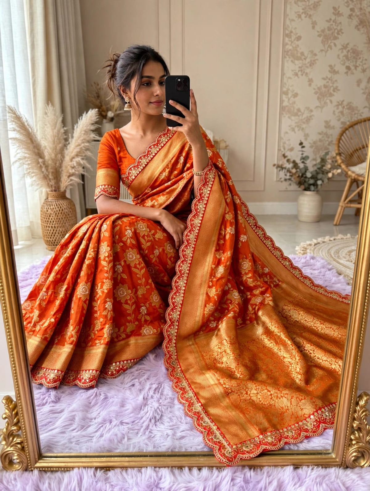 Semi Kanjivaram Jaal Floral Zari Weaving Saree with Scalloped Borders