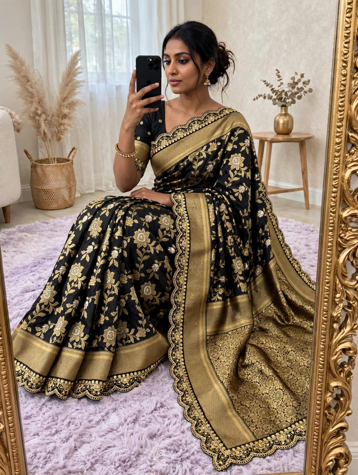 Semi Kanjivaram Jaal Floral Zari Weaving Saree with Scalloped Borders