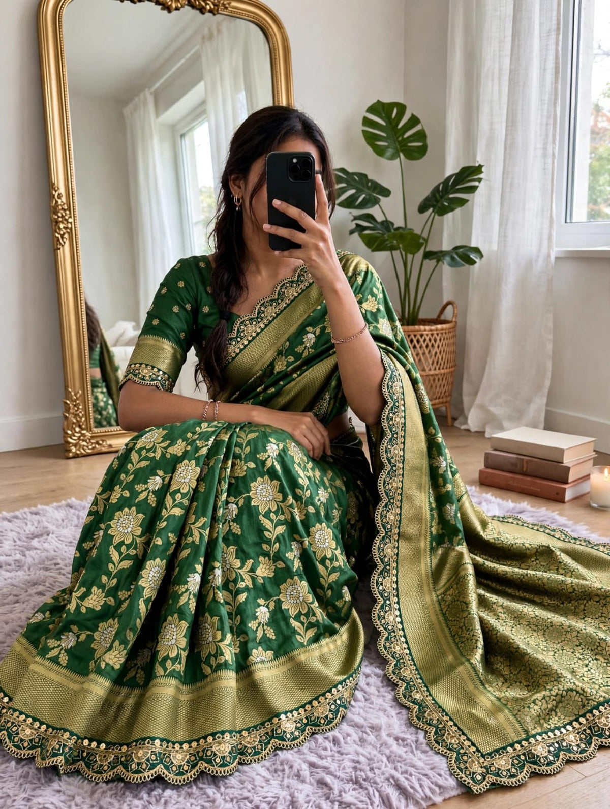 Semi Kanjivaram Jaal Floral Zari Weaving Saree with Scalloped Borders