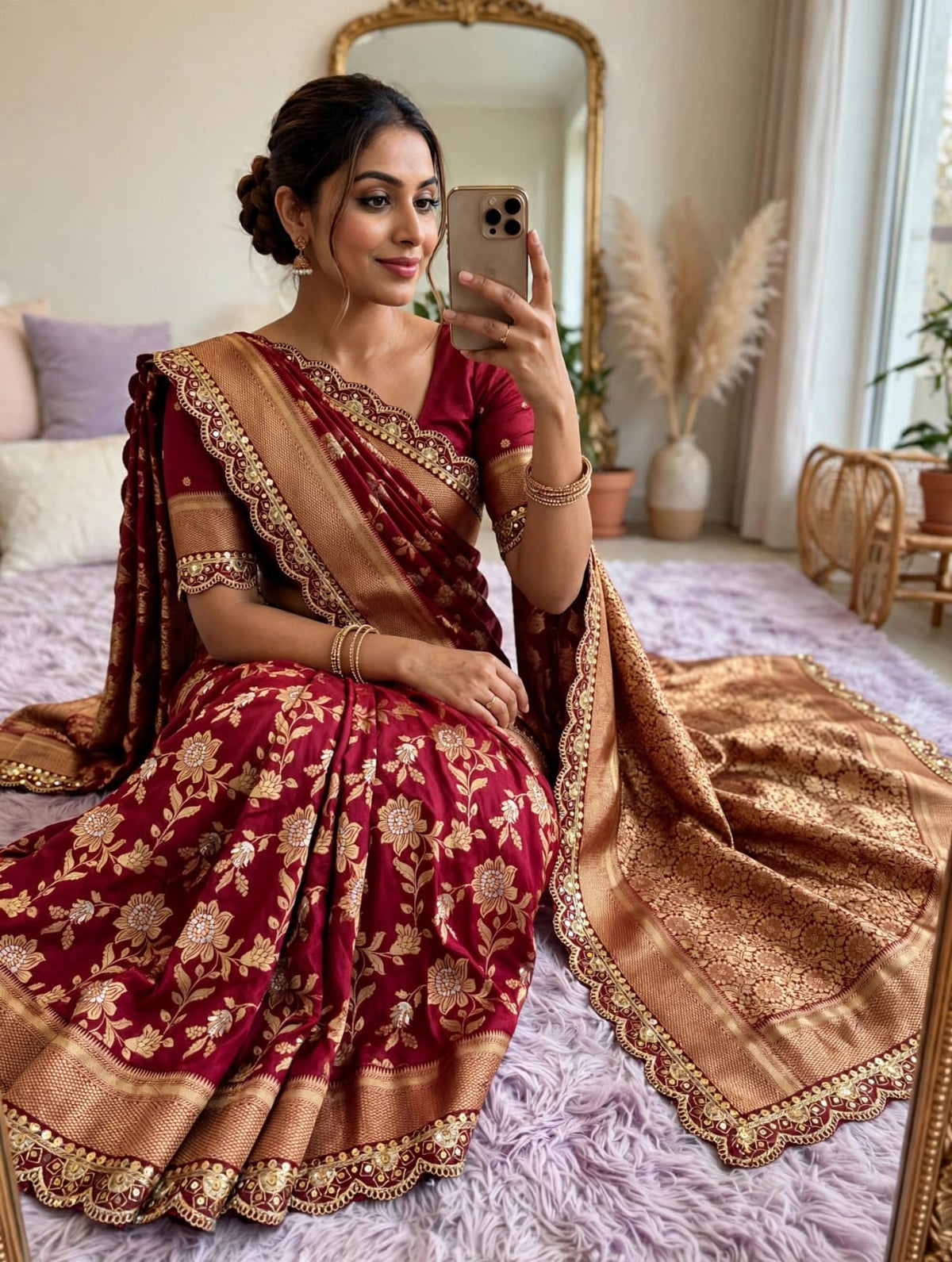 Semi Kanjivaram Jaal Floral Zari Weaving Saree with Scalloped Borders