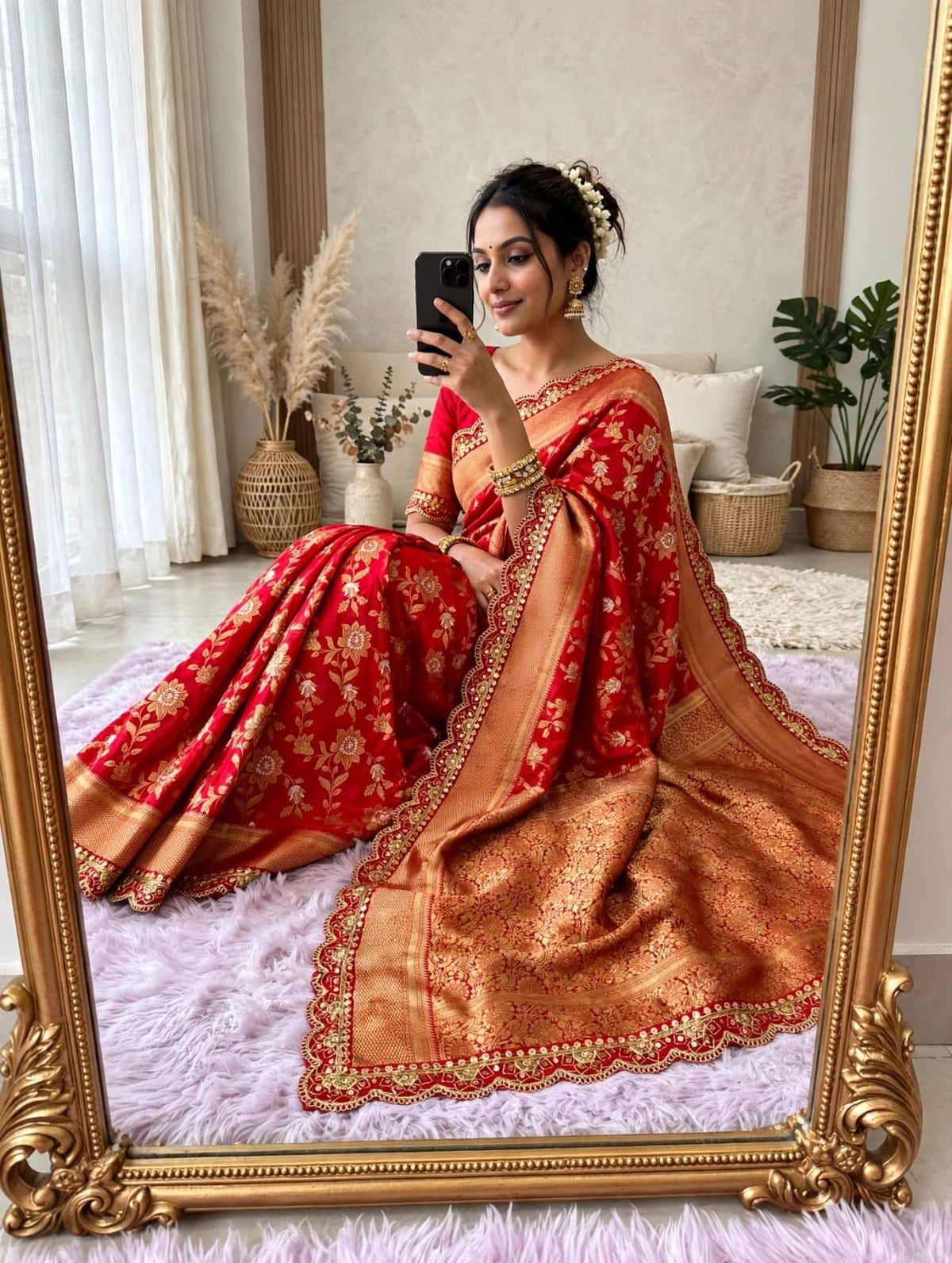 Semi Kanjivaram Jaal Floral Zari Weaving Saree with Scalloped Borders