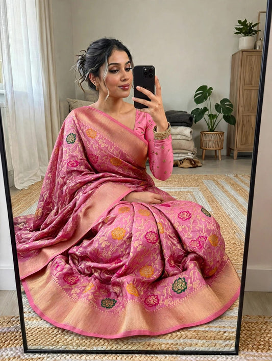 Semi Kanjivaram Jaal Floral Zari Weaving Saree