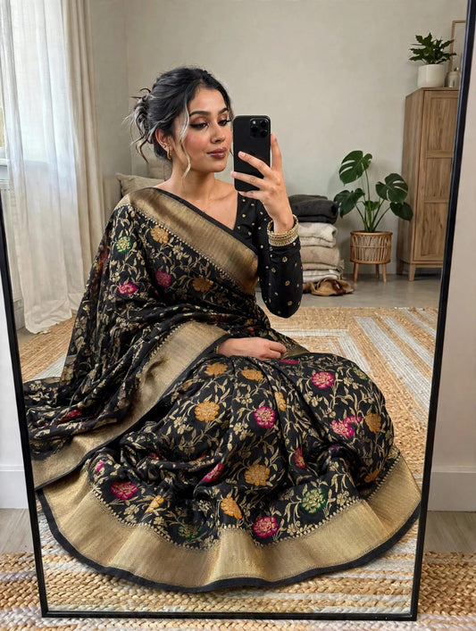 Semi Kanjivaram Jaal Floral Zari Weaving Saree