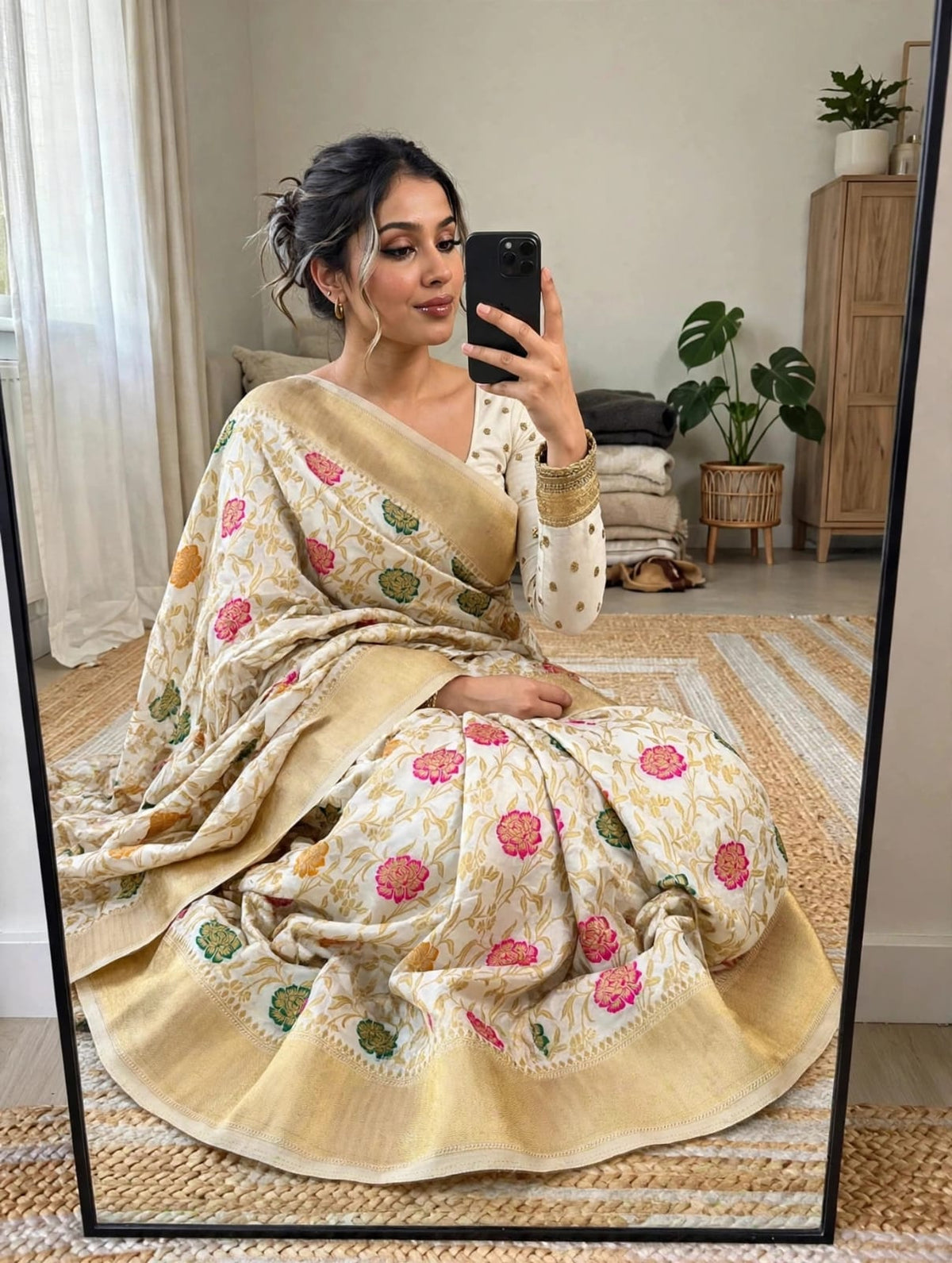 Semi Kanjivaram Jaal Floral Zari Weaving Saree