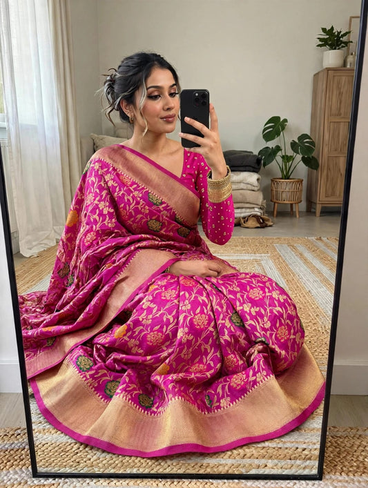 Semi Kanjivaram Jaal Floral Zari Weaving Saree