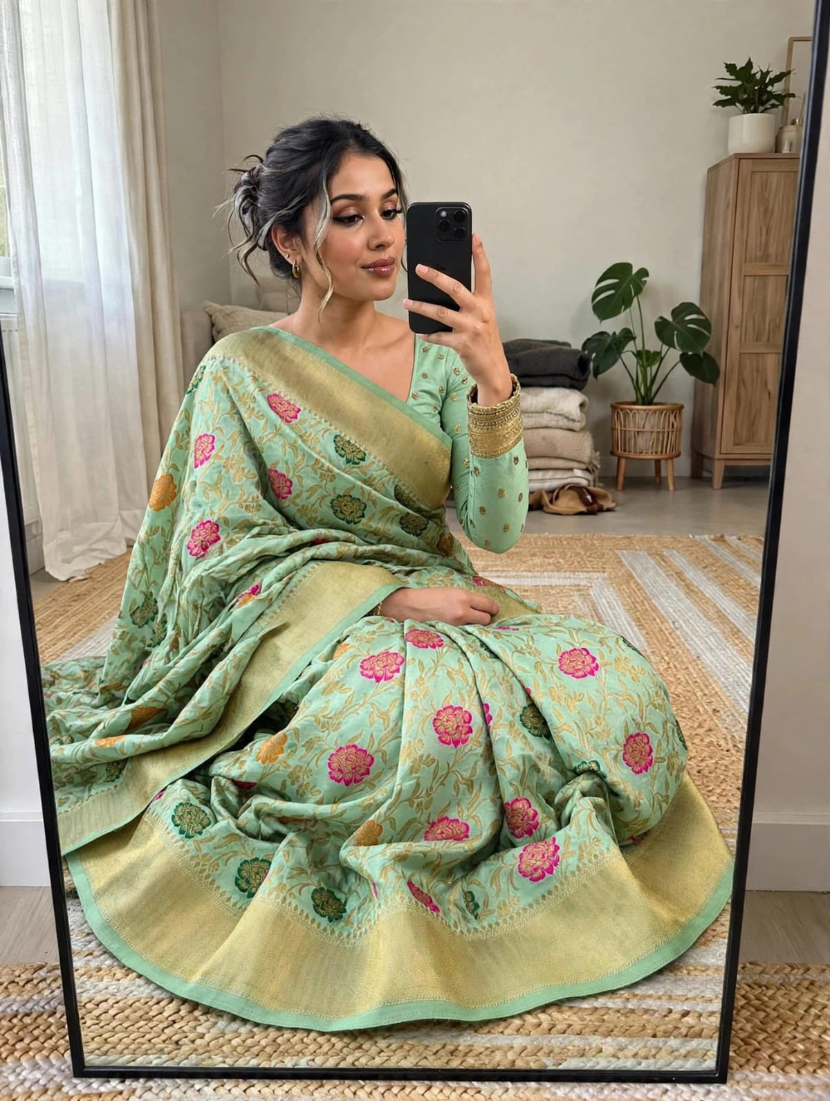 Semi Kanjivaram Jaal Floral Zari Weaving Saree