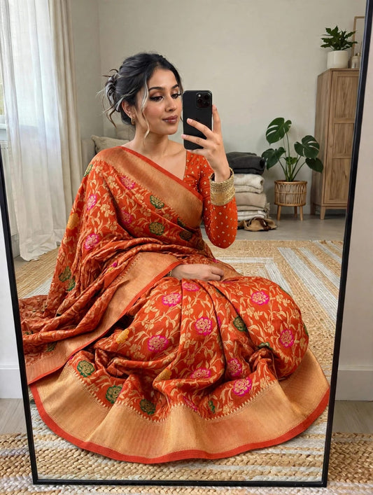 Semi Kanjivaram Jaal Floral Zari Weaving Saree