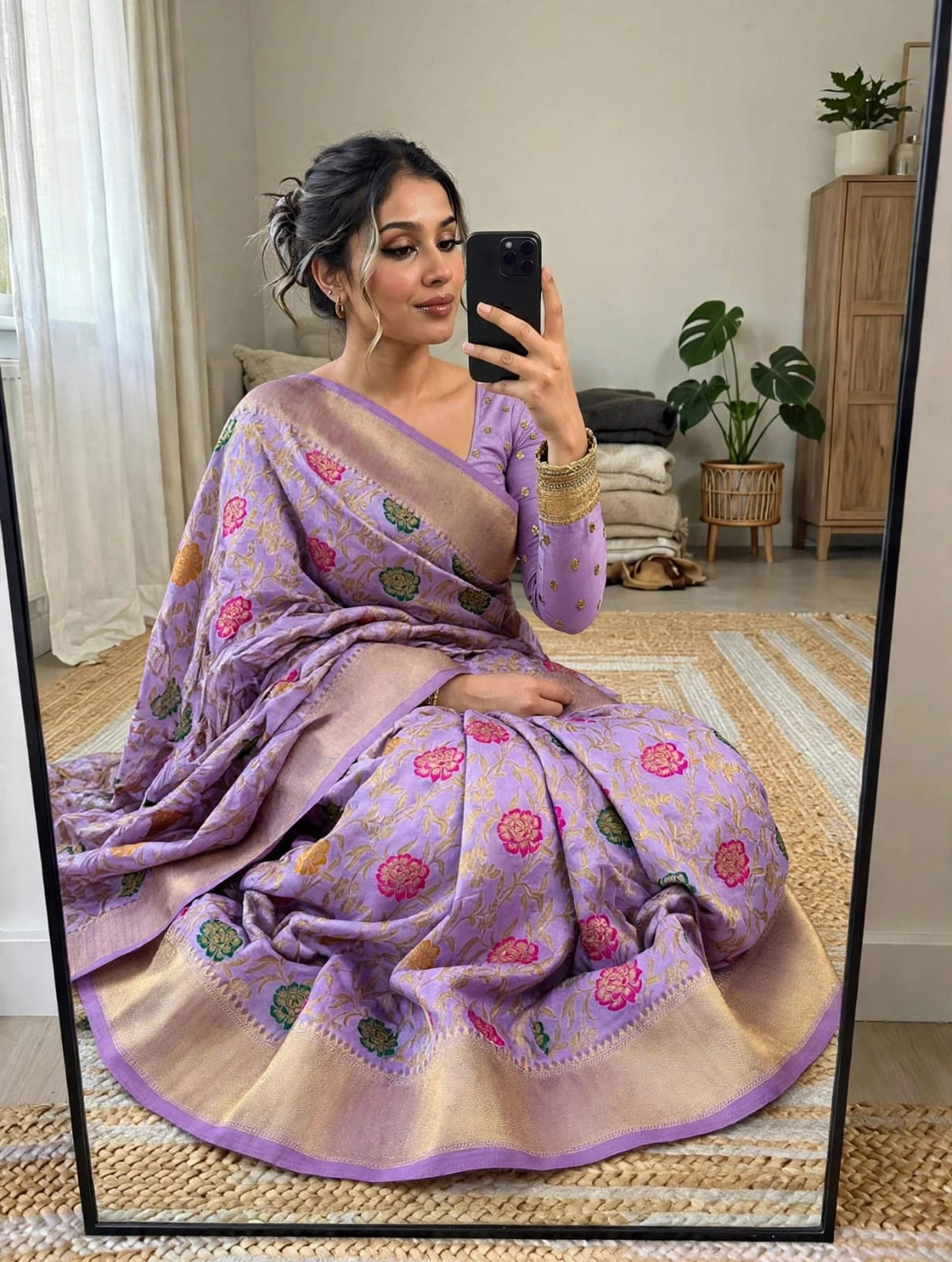 Semi Kanjivaram Jaal Floral Zari Weaving Saree