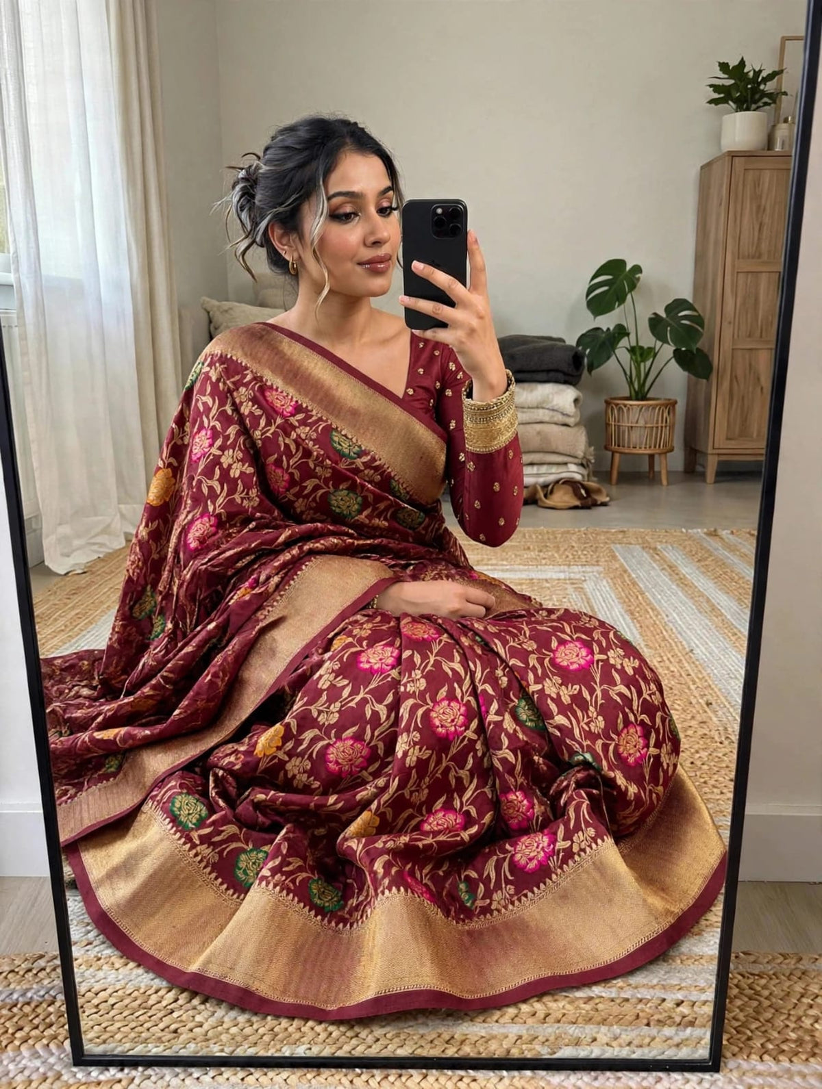 Semi Kanjivaram Jaal Floral Zari Weaving Saree