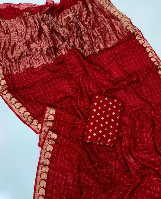 Viscose Georgette Checked Zari Saree with Viscose Zari Borders