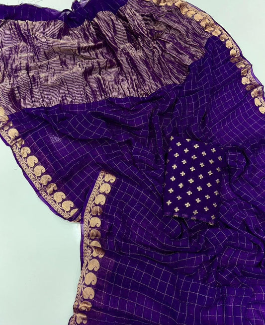 Viscose Georgette Checked Zari Saree with Viscose Zari Borders