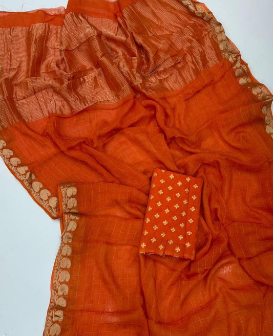 Viscose Georgette Checked Zari Saree with Viscose Zari Borders