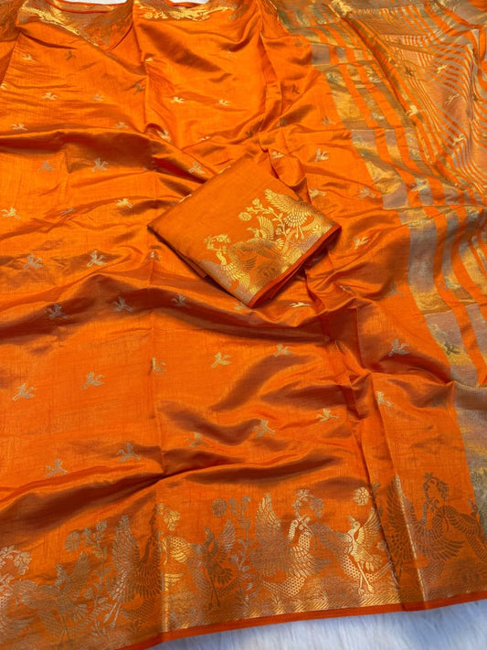 Viscose Tussar Silk Saree with Zari Borders & Chit Pallu