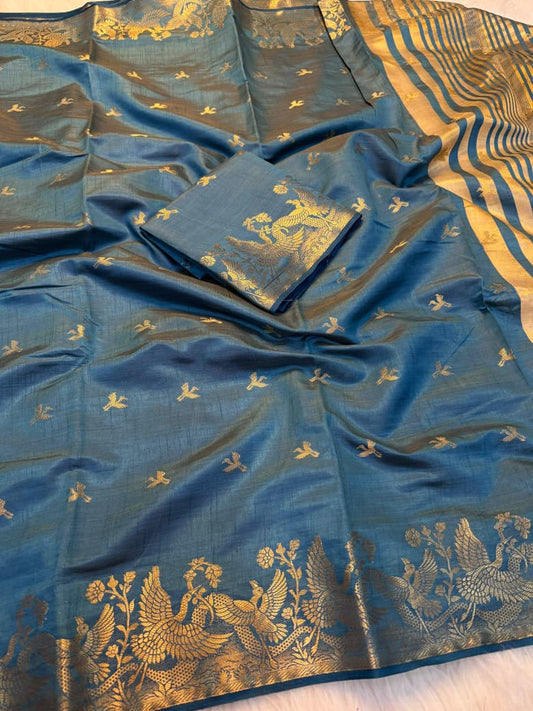 Viscose Tussar Silk Saree with Zari Borders & Chit Pallu
