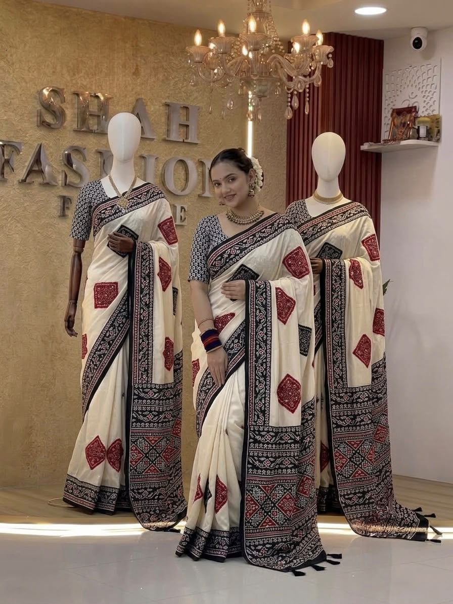 Bandhini Modal Crepe Silk Saree with Real Mirror Work