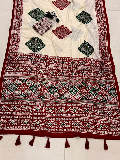 Bandhini Modal Crepe Silk Saree with Real Mirror Work
