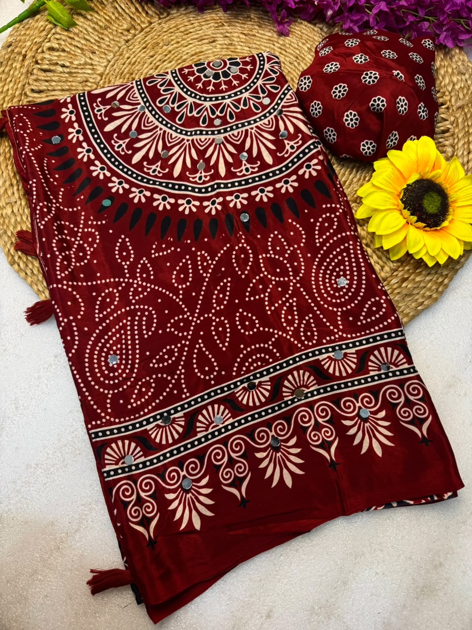 Crepe Silk Mirror Work Bandhani Saree