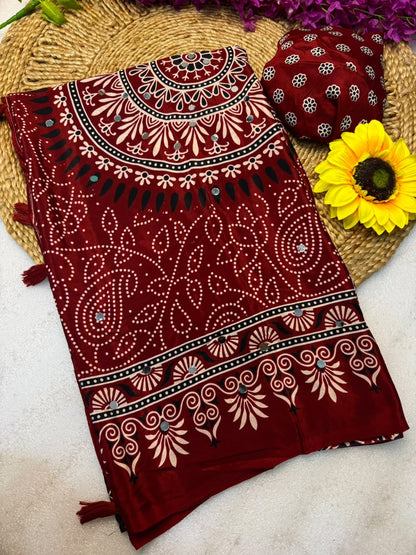 Crepe Silk Mirror Work Bandhani Saree