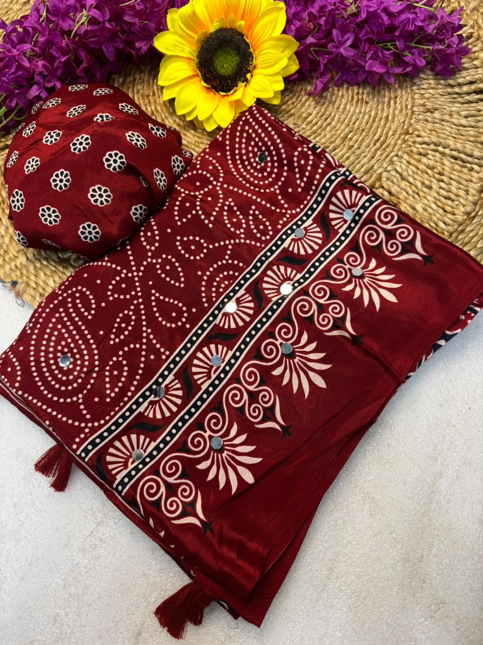 Crepe Silk Mirror Work Bandhani Saree