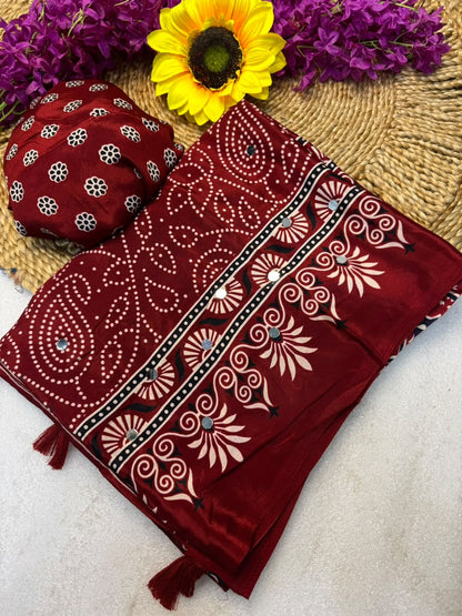 Crepe Silk Mirror Work Bandhani Saree