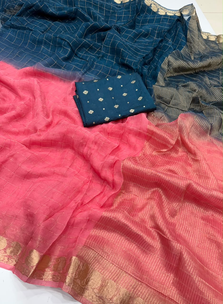 Viscose Georgette Zari Checked Saree with Viscose Zari Weaving Border