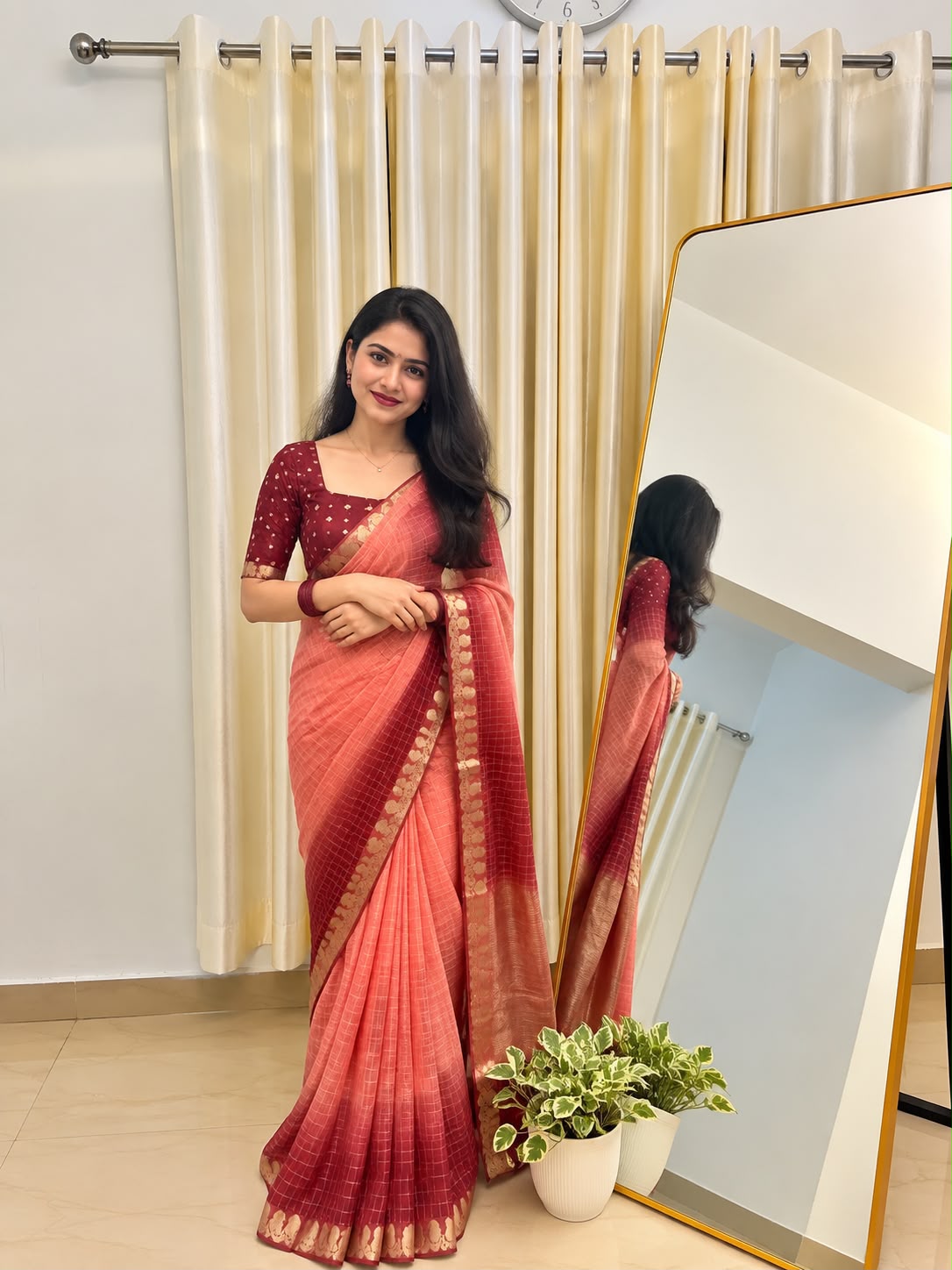 Viscose Georgette Zari Checked Saree with Viscose Zari Weaving Border