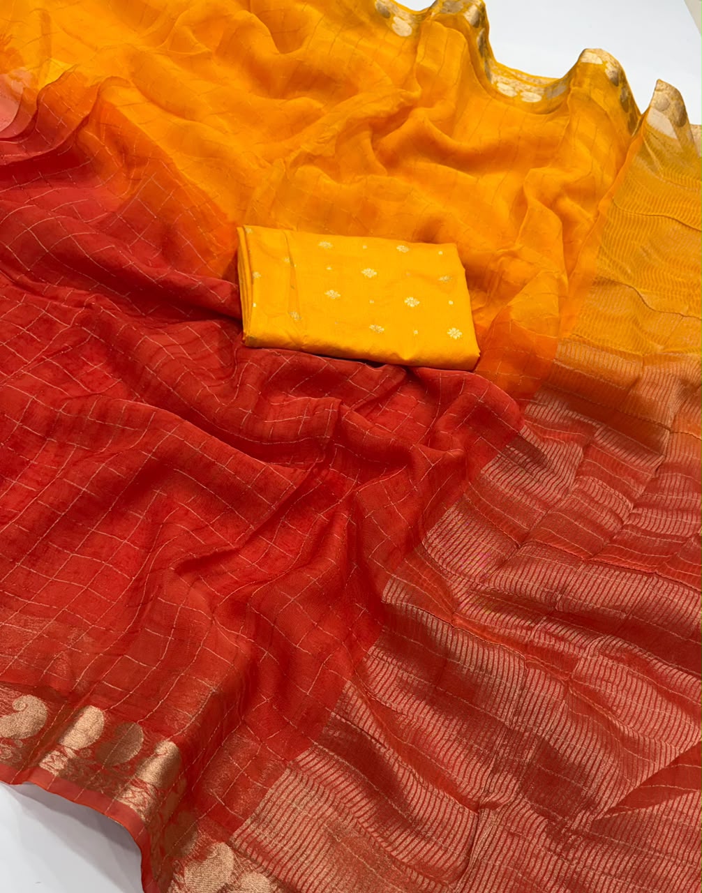 Viscose Georgette Zari Checked Saree with Viscose Zari Weaving Border