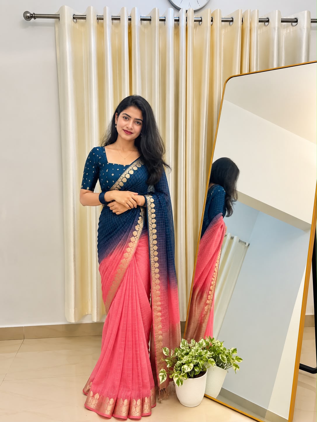 Viscose Georgette Zari Checked Saree with Viscose Zari Weaving Border