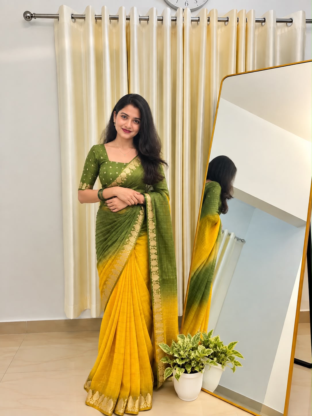 Viscose Georgette Zari Checked Saree with Viscose Zari Weaving Border