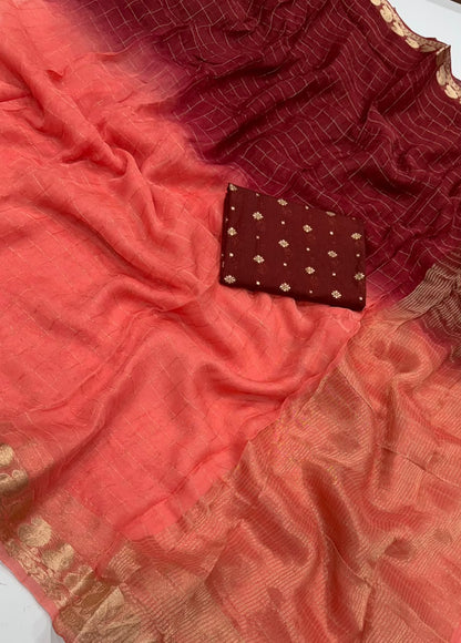 Viscose Georgette Zari Checked Saree with Viscose Zari Weaving Border