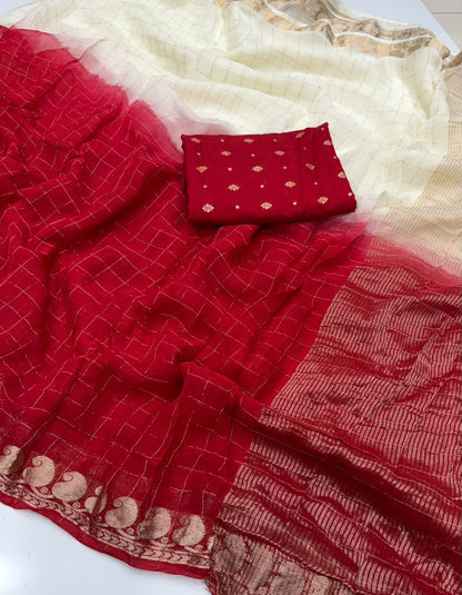 Viscose Georgette Zari Checked Saree with Viscose Zari Weaving Border
