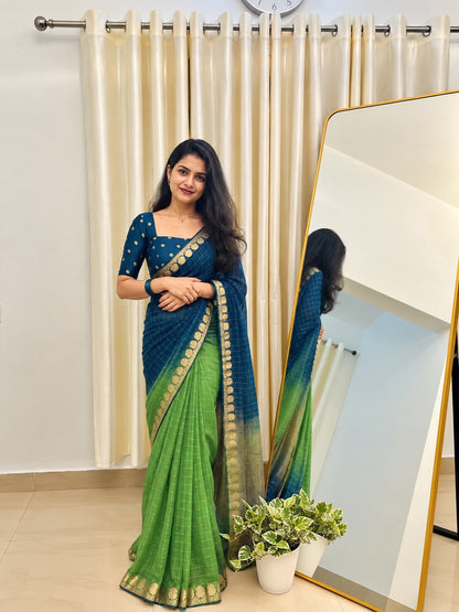Viscose Georgette Zari Checked Saree with Viscose Zari Weaving Border