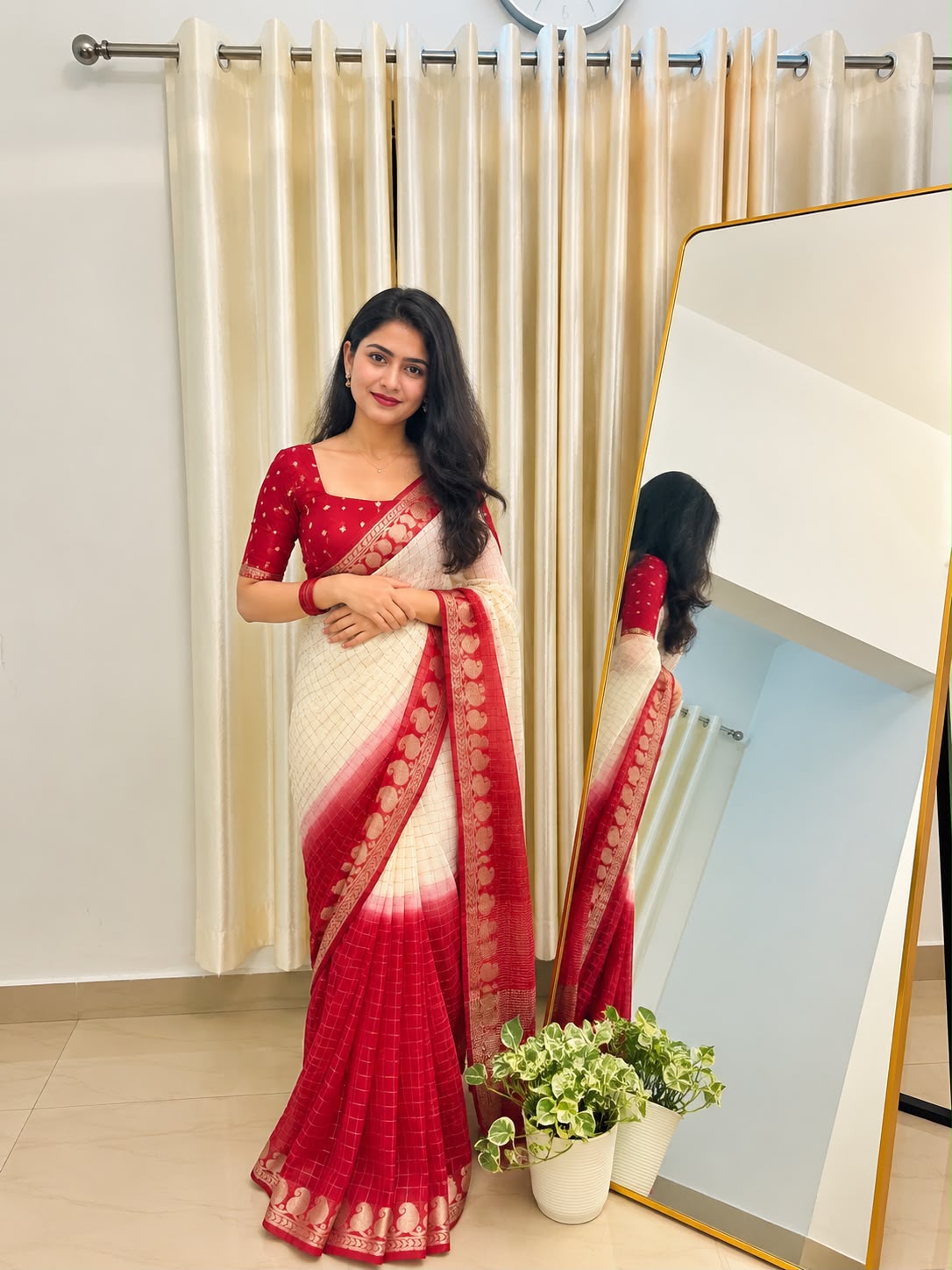 Viscose Georgette Zari Checked Saree with Viscose Zari Weaving Border
